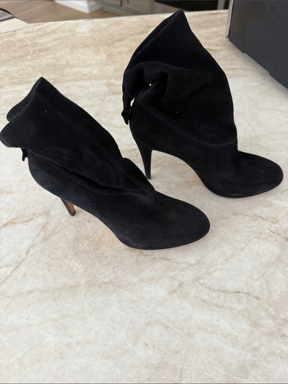 Brian Atwood Black Suede Ruched Ankle Booties Heels Size 7 / EU 37 Made in Italy